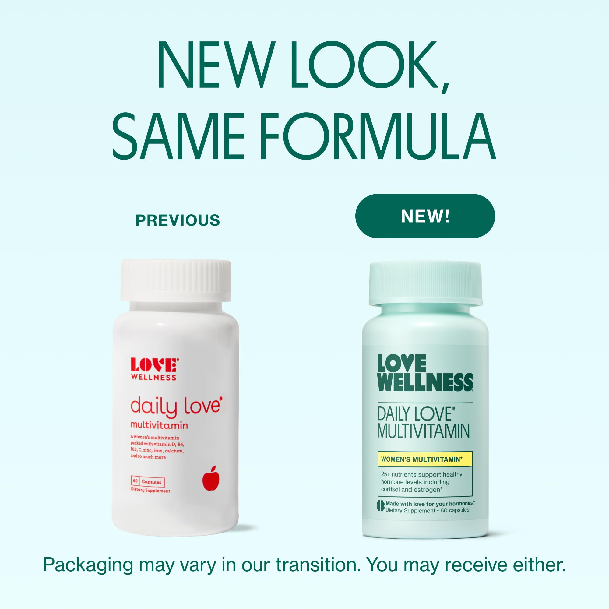 Daily Love capsules close-up emphasizing hair, skin, and nails benefits.