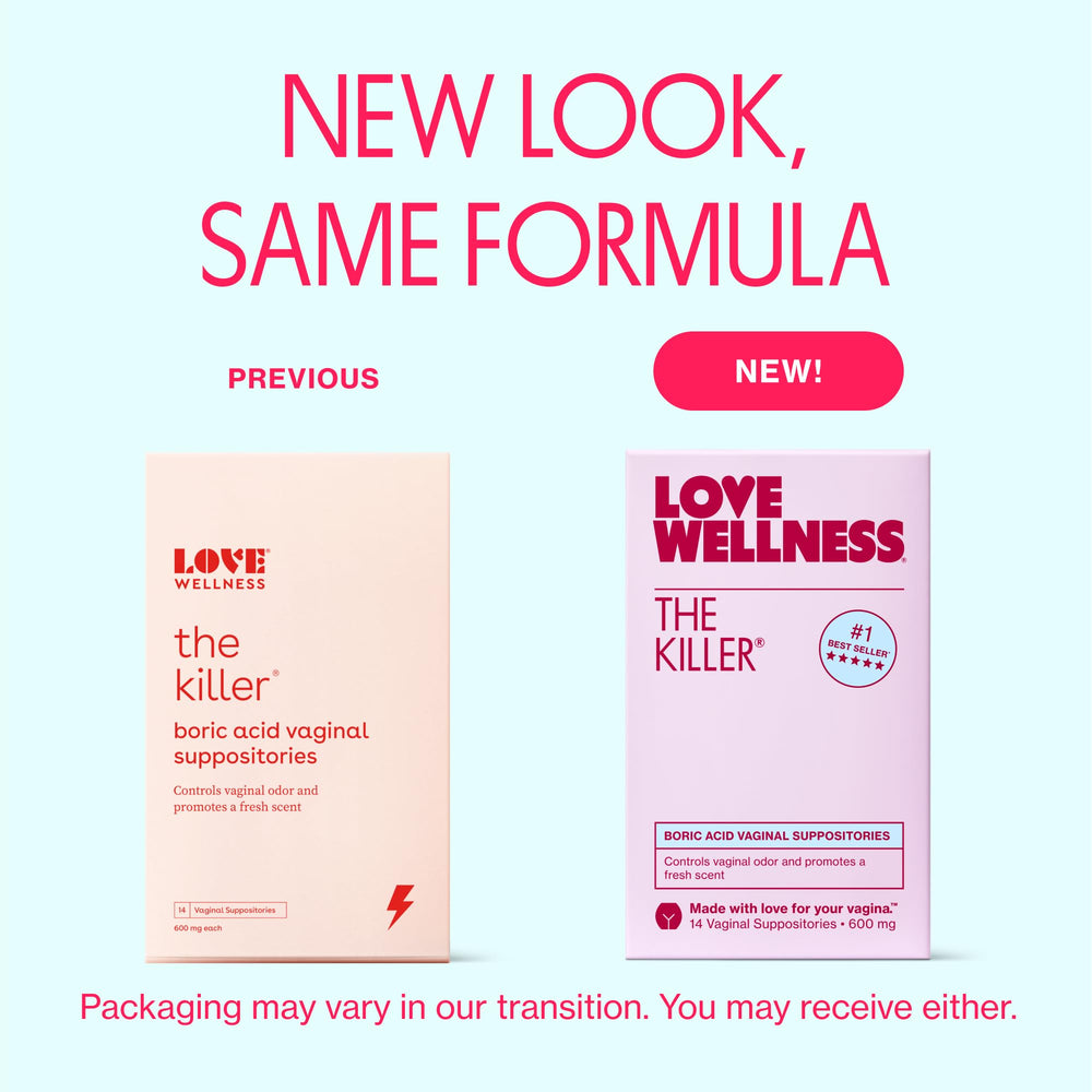 Love Wellness Flora Power probiotic suppositories packaging emphasizing odor control.