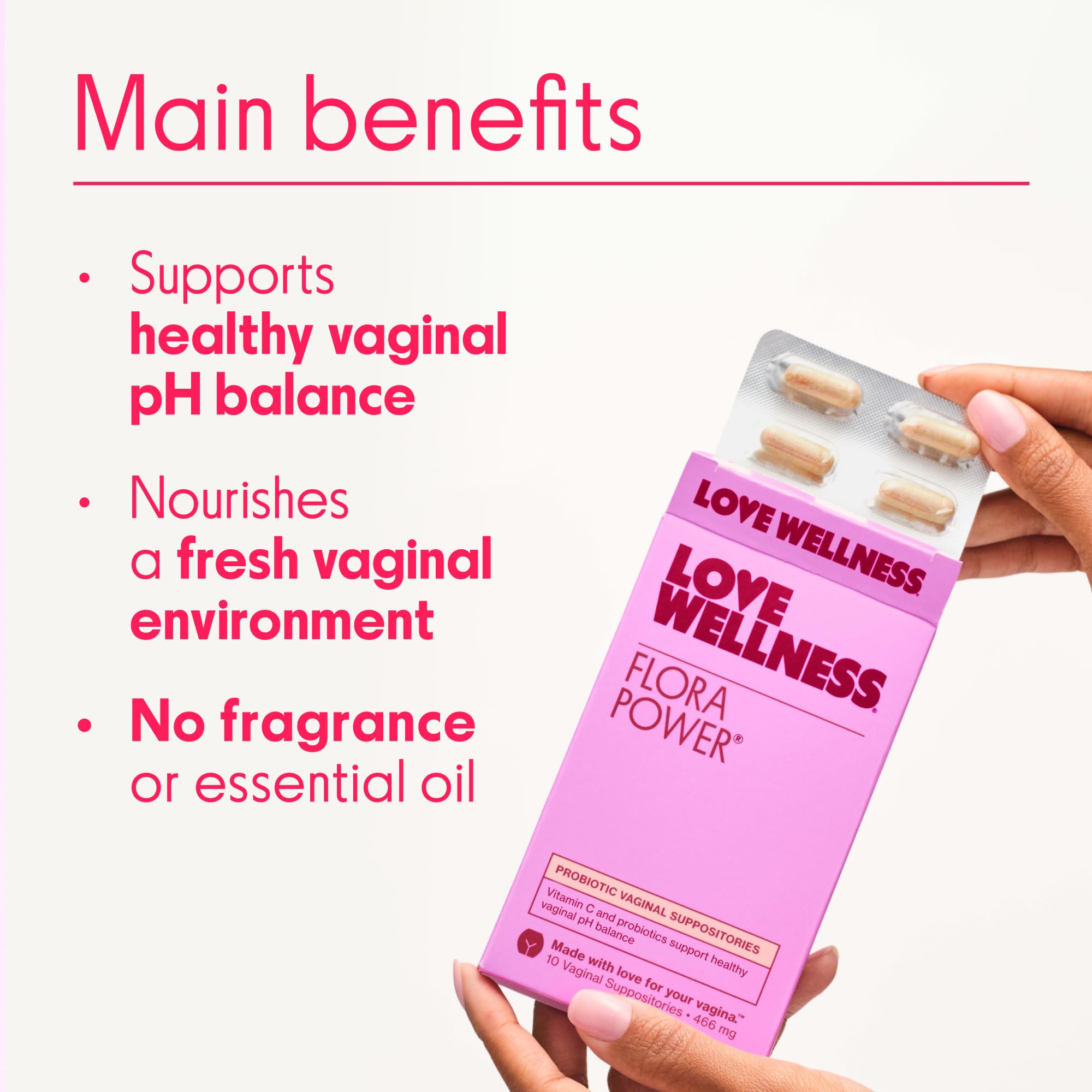 Love Wellness Flora Power vitamin C blend highlighting probiotic ingredients
