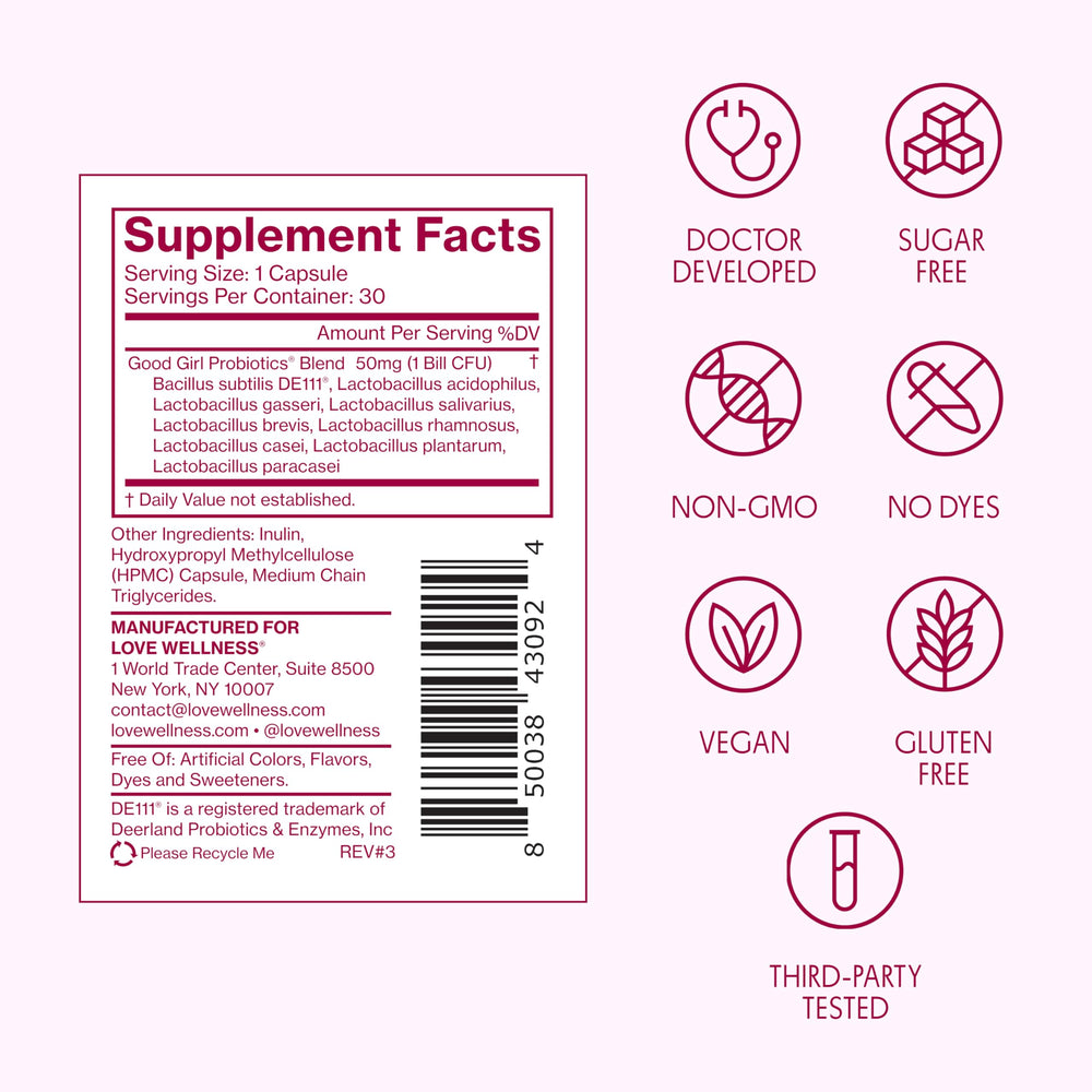 Love Wellness Good Girl Probiotics 30-day supply packaging.