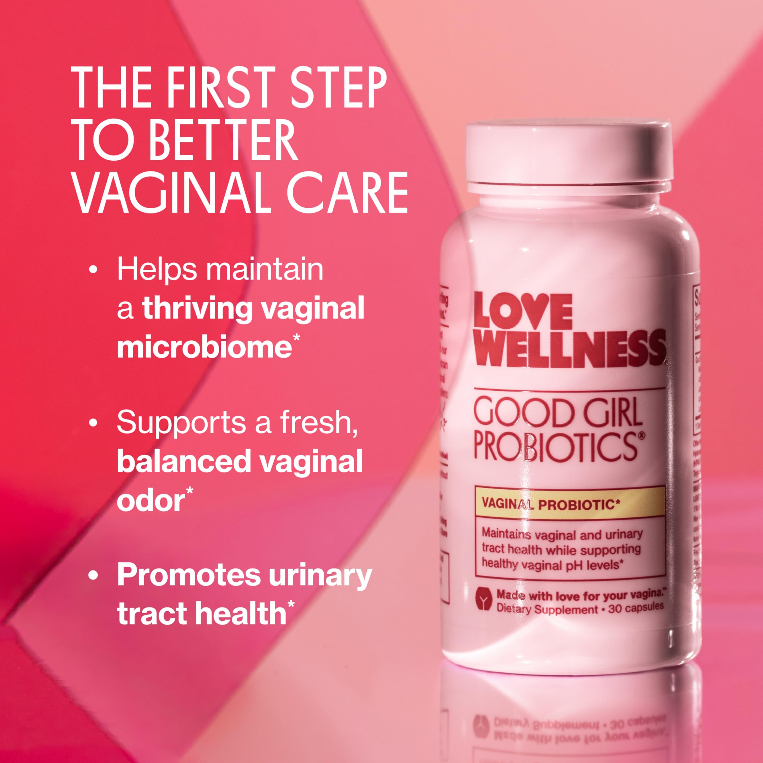 Love Wellness Good Girl Probiotics capsule close-up for daily balance and easy use.