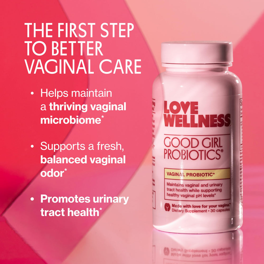 Love Wellness Good Girl Probiotics capsule close-up for daily balance and easy use.