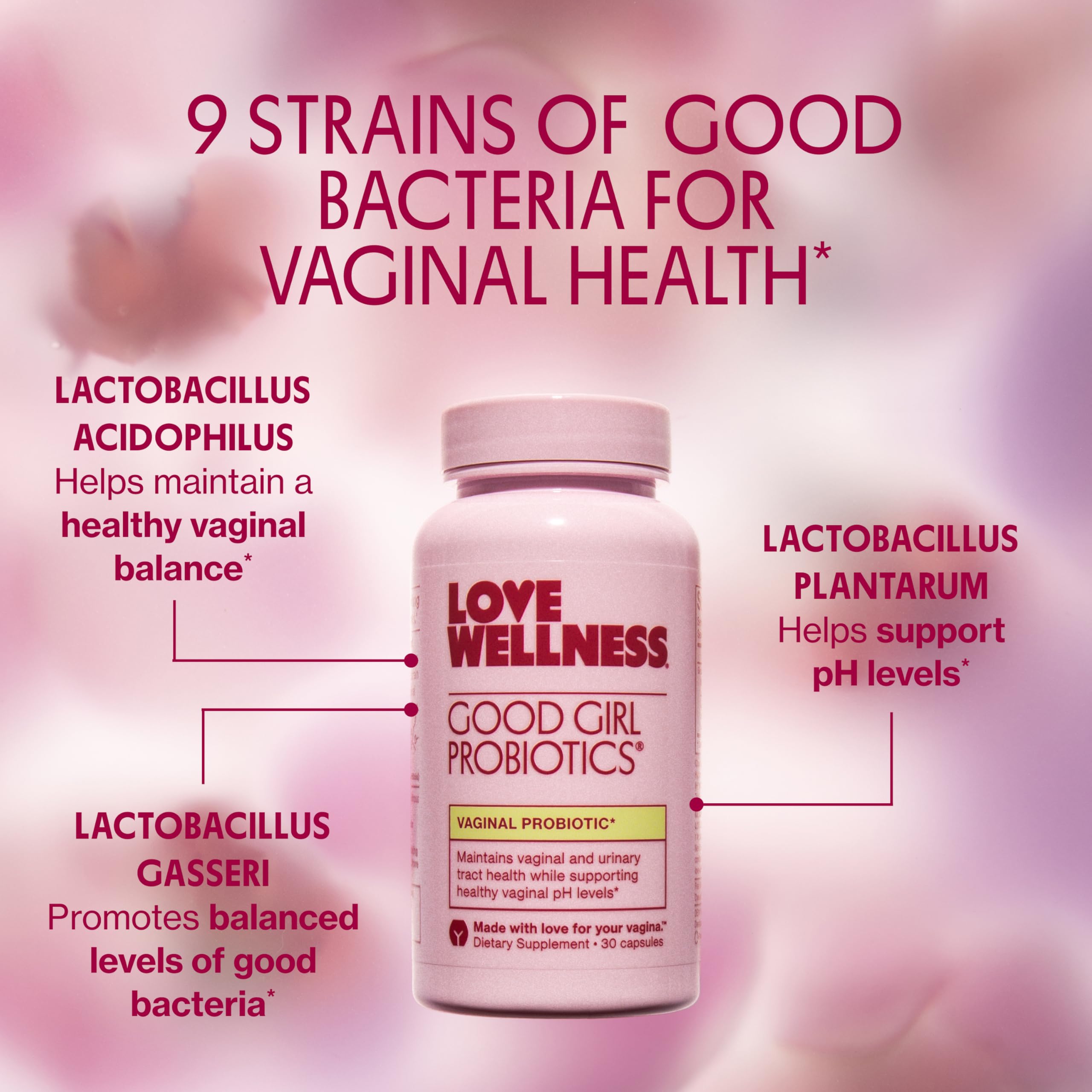 Love Wellness Good Girl Probiotics bottle with water, suggesting take-with-meal routine.