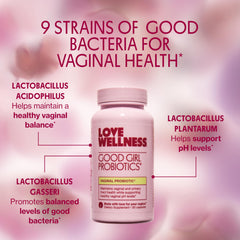 Love Wellness Good Girl Probiotics bottle with water, suggesting take-with-meal routine.