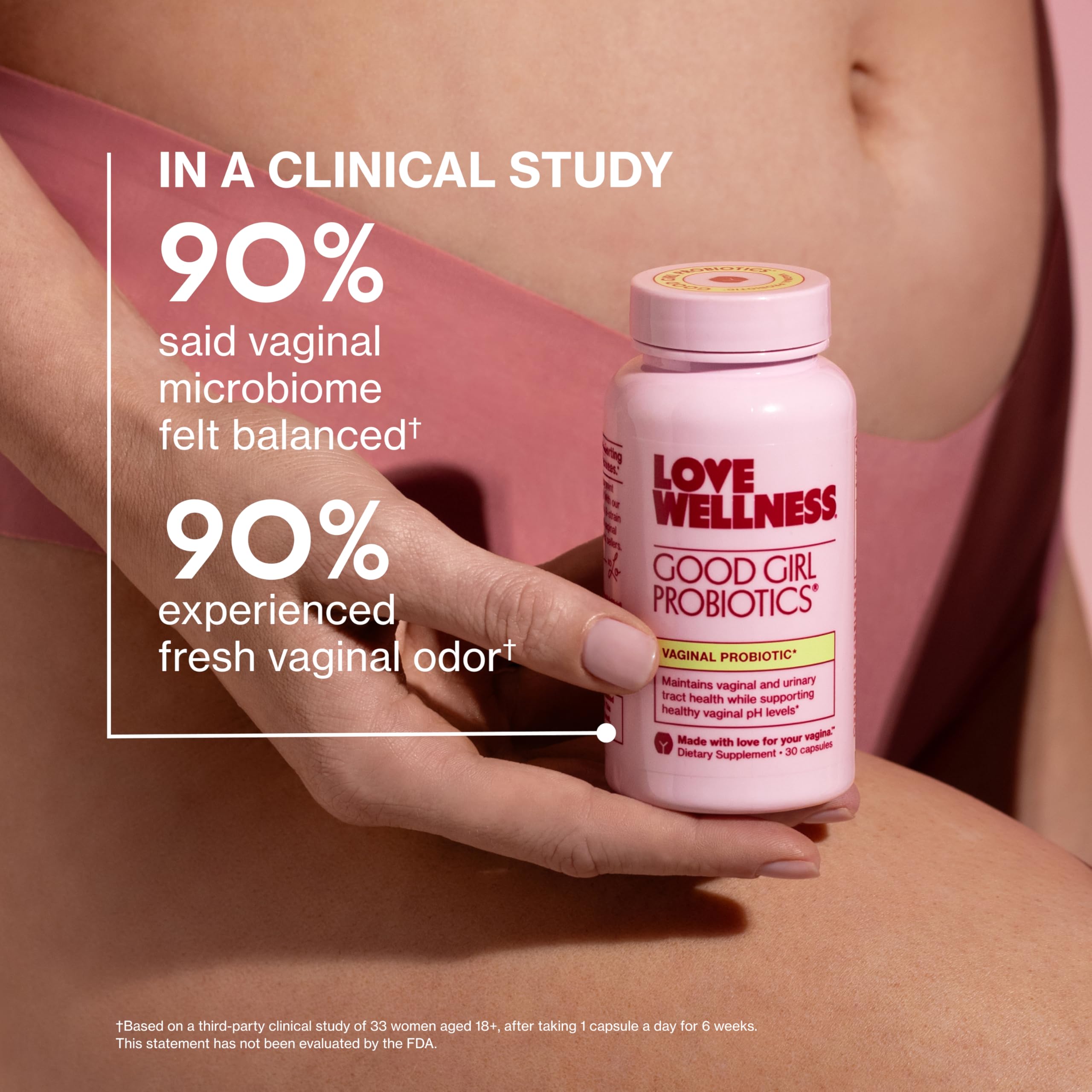Love Wellness Good Girl Probiotics third-party tested safety seal.