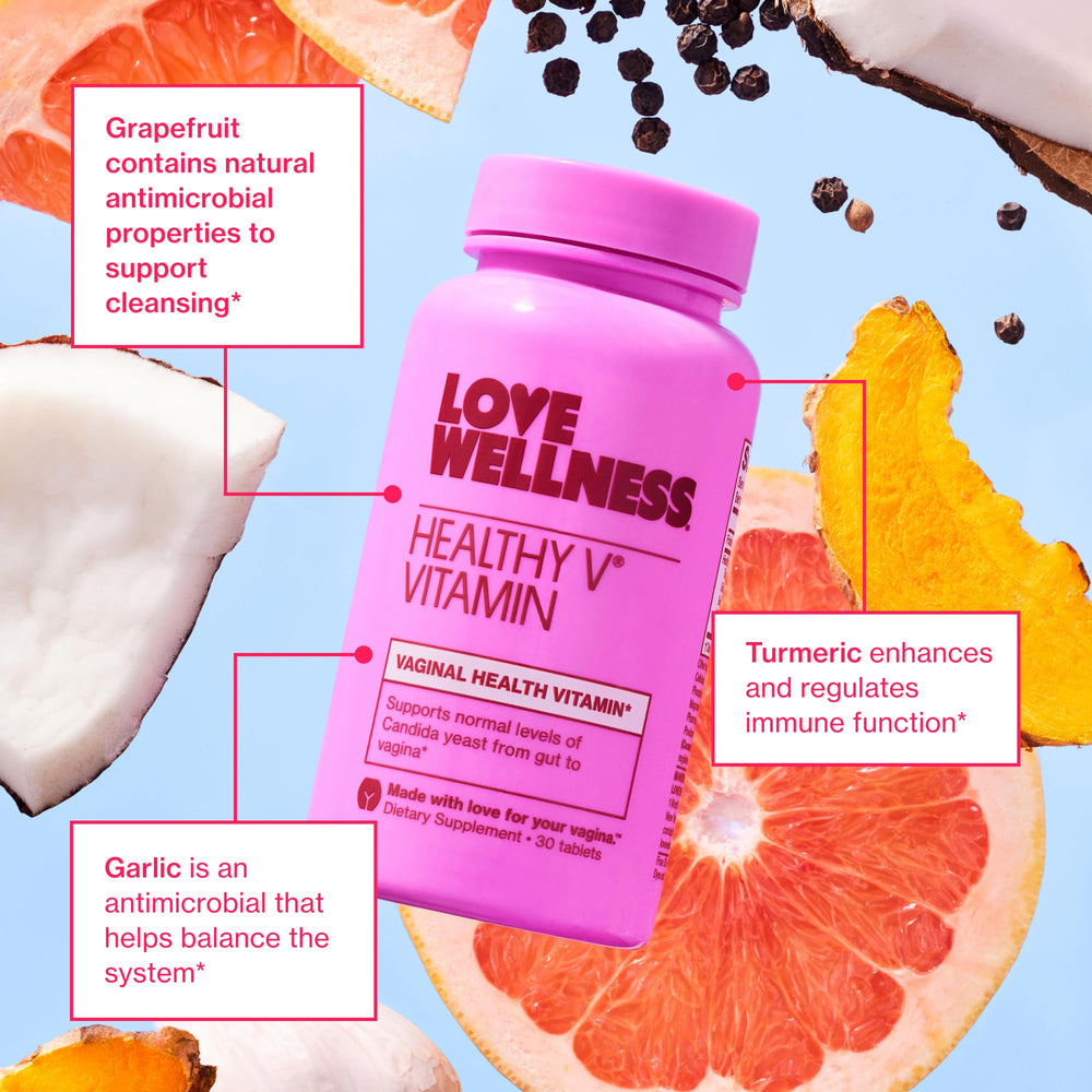 Love Wellness Healthy V Vitamin packaging highlighting doctor-developed formulation