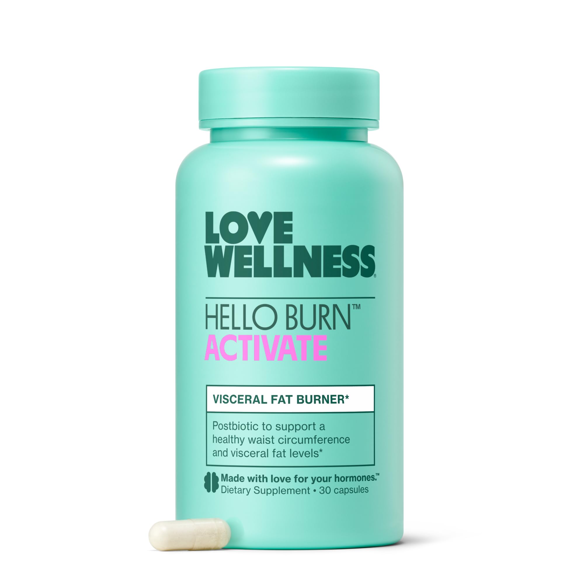 Love Wellness Hello Burn Activate bottle—front view highlighting postbiotic support for visceral fat