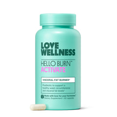Love Wellness Hello Burn Activate bottle—front view highlighting postbiotic support for visceral fat