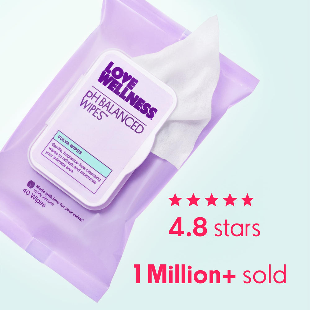 Love Wellness fragrance-free wipes showing natural ingredients for sensitive skin.