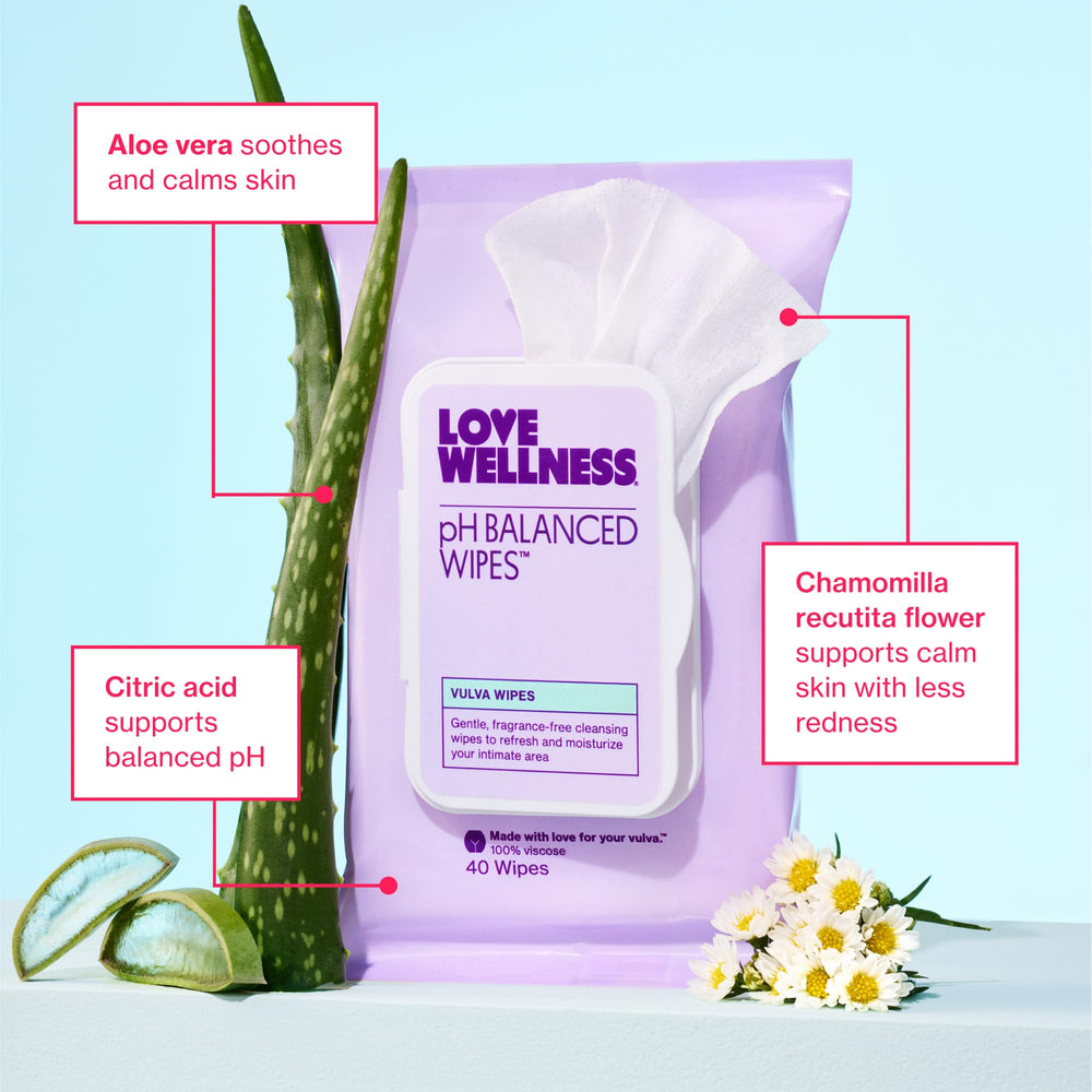 Love Wellness wipes ingredient panel featuring aloe, chamomile, and citric acid for soothing care.