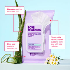 Love Wellness wipes ingredient panel featuring aloe, chamomile, and citric acid for soothing care.