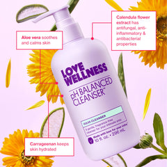Love Wellness pH Balancing Cleanser bottle with aloe vera label, soothing for sensitive skin.