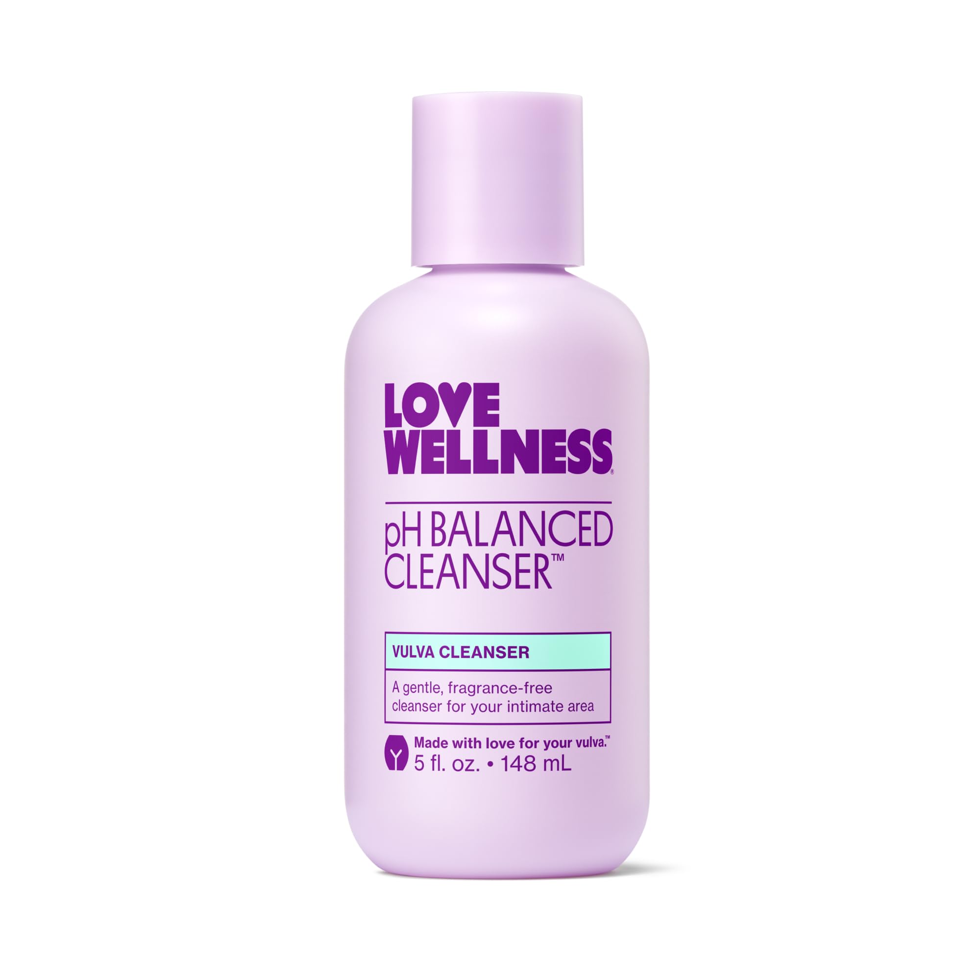 Love Wellness pH Balancing Cleanser bottle promotes gentle cleansing without irritation.