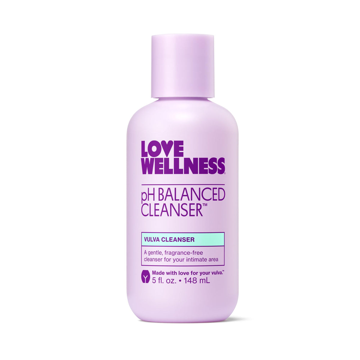 Love Wellness pH Balancing Cleanser bottle promotes gentle cleansing without irritation.