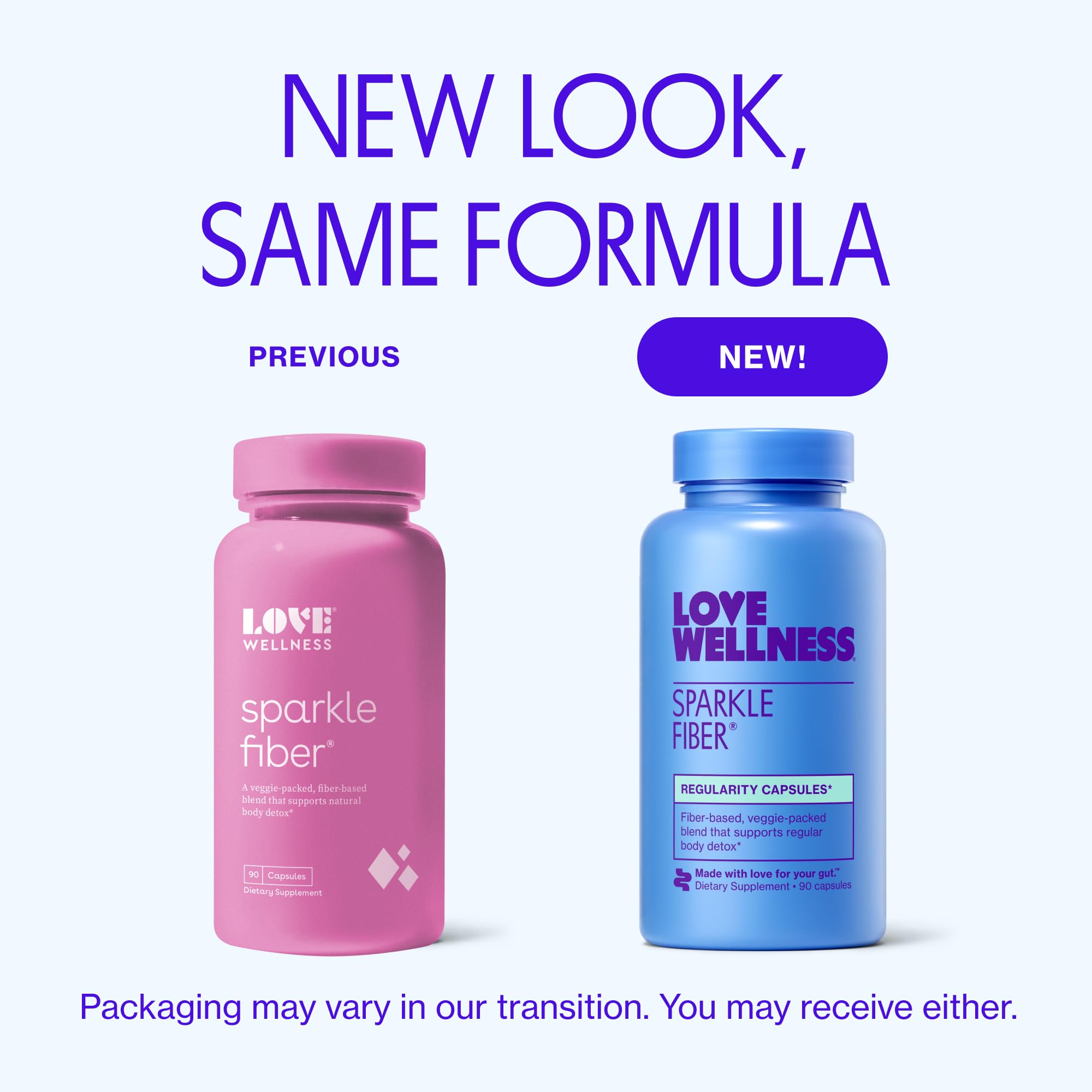 Love Wellness Sparkle Fiber capsules illustrate a vegan, dairy-free fiber option.