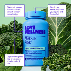 Love Wellness Sparkle Fiber packaging with veggie greens and broccoli for nutrition.