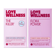 Love Wellness The Killer boric acid suppositories packaging highlighting pH balance.