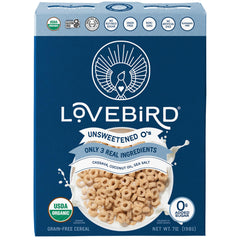 Lovebird O's cereal packaging, organic grain-free unsweetened formula.