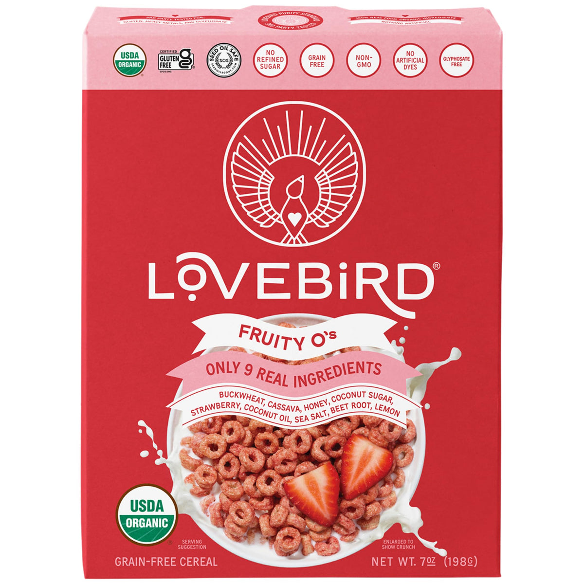 Lovebird strawberry organic dry cereal package for birds grain-free and tasty.