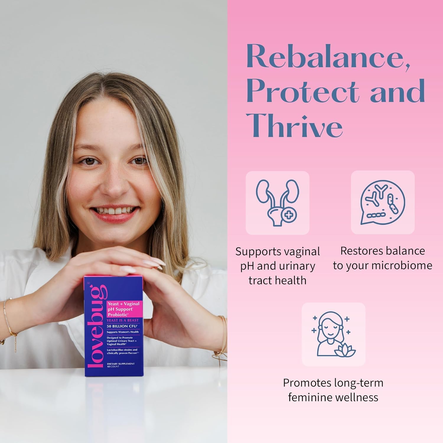 LOVEBUG capsules visible with digestive health concept for balance and comfort.