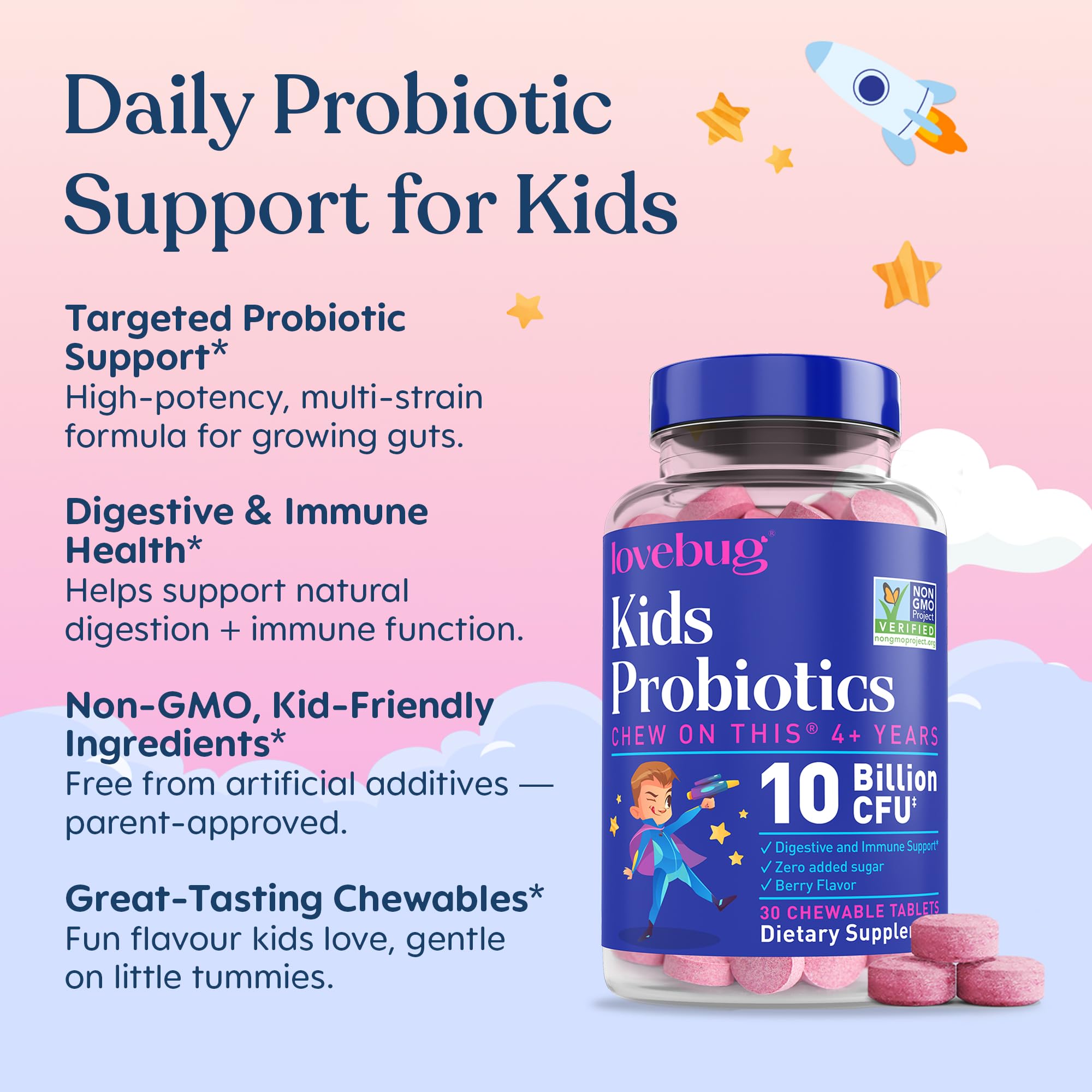 LOVEBUG Kids Probiotics 7 strains label highlights diversity