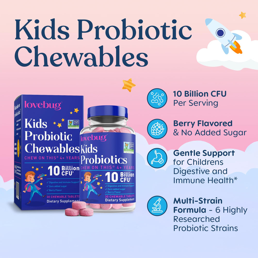 LOVEBUG Kids Probiotics chewables close-up texture for easier dosing