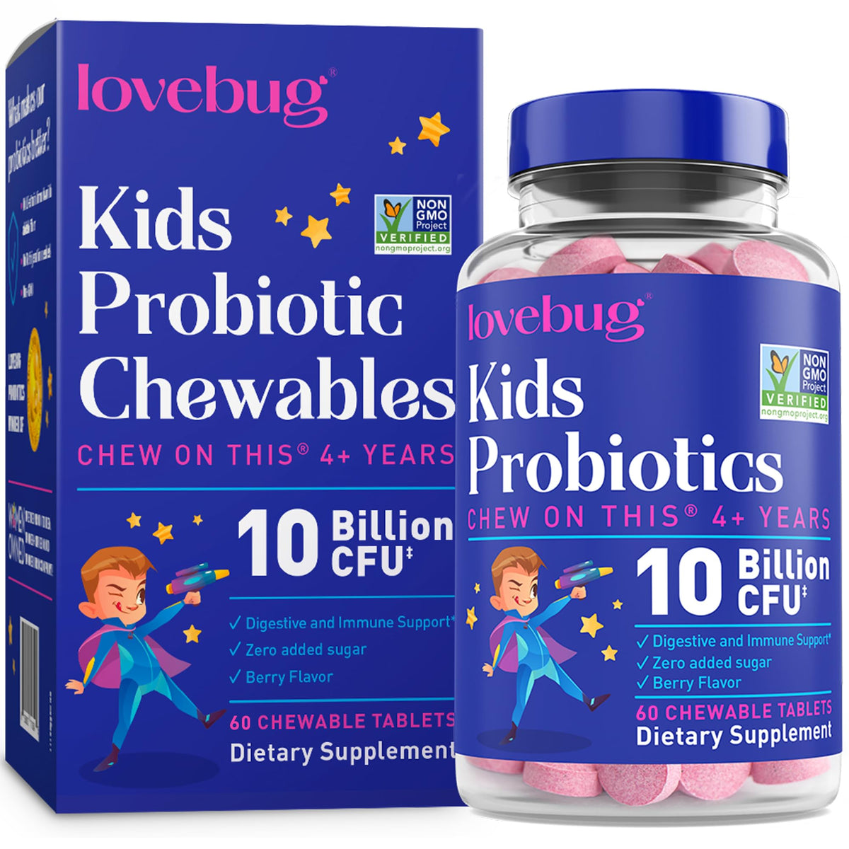 Lovebug Probiotics for Kids berry chewables bottle supports daily gut health with a kid-friendly flavor