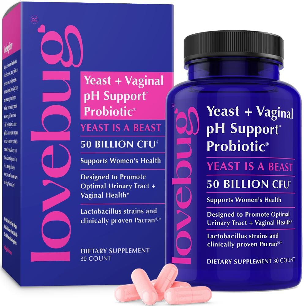 LOVEBUG probiotics for women bottle shows easy daily support for vaginal and urinary health.