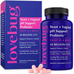 LOVEBUG probiotics for women bottle shows easy daily support for vaginal and urinary health.