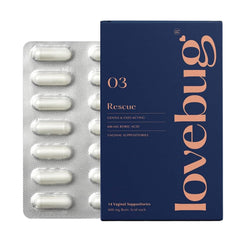LoveBug Rescue boric acid suppositories packaging for discreet, convenient intimate care