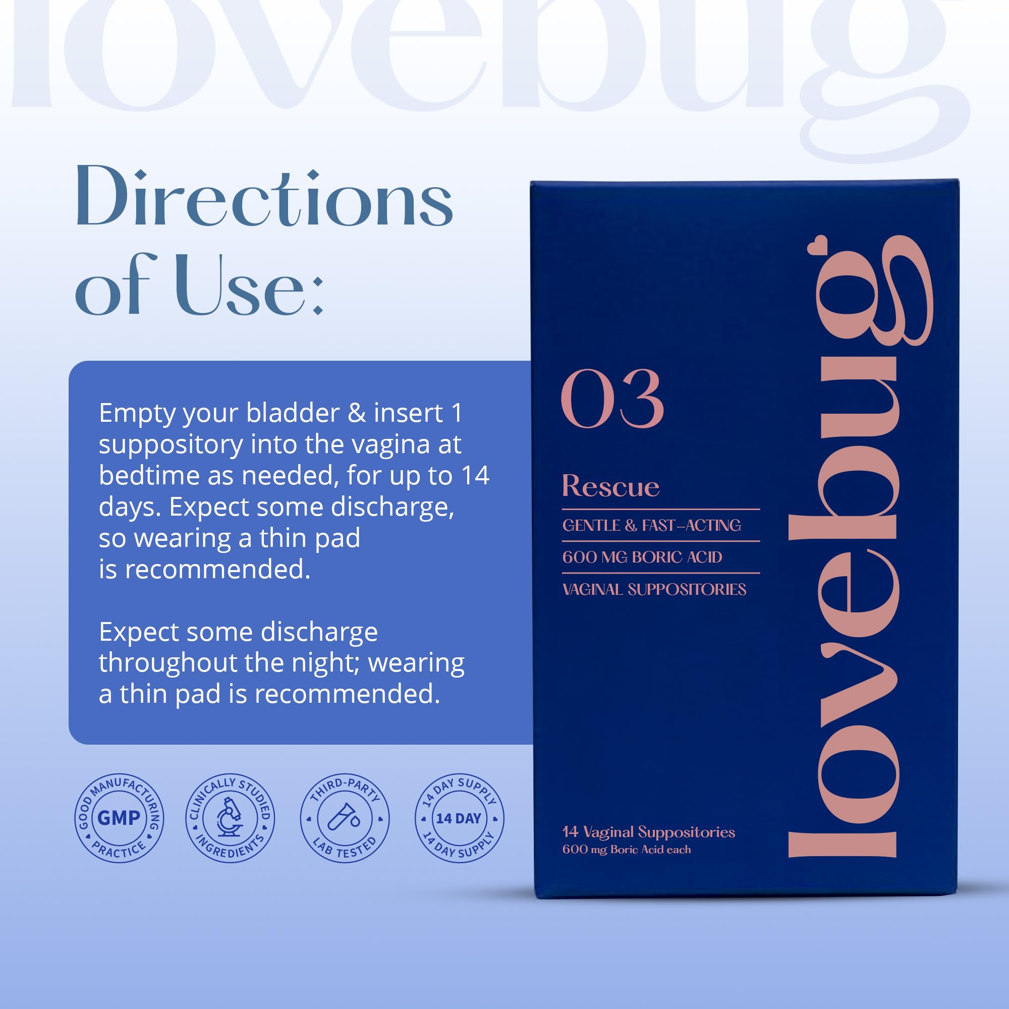 LoveBug Rescue ingredients panel showcases natural, gentle formula for intimate care
