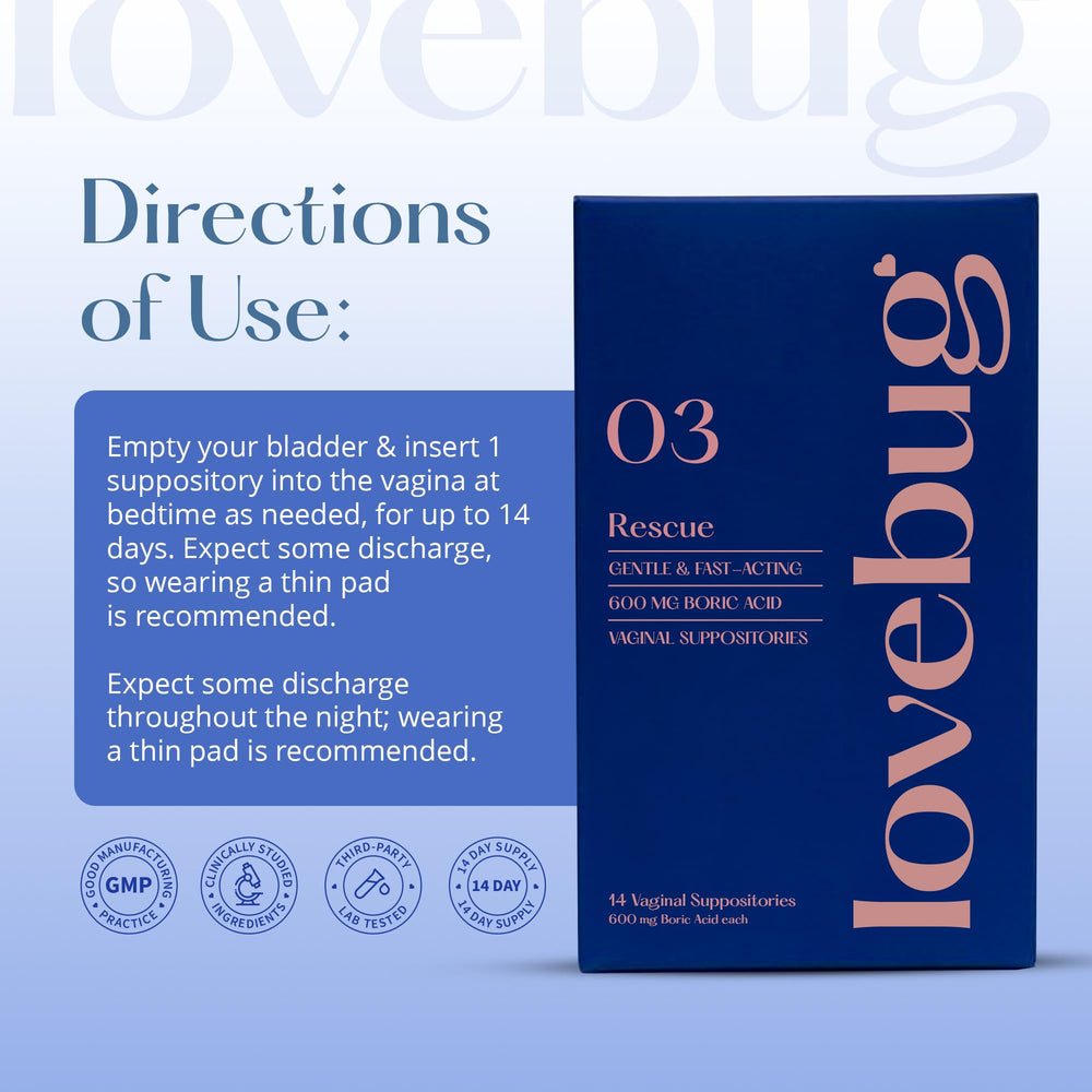 LoveBug Rescue ingredients panel showcases natural, gentle formula for intimate care