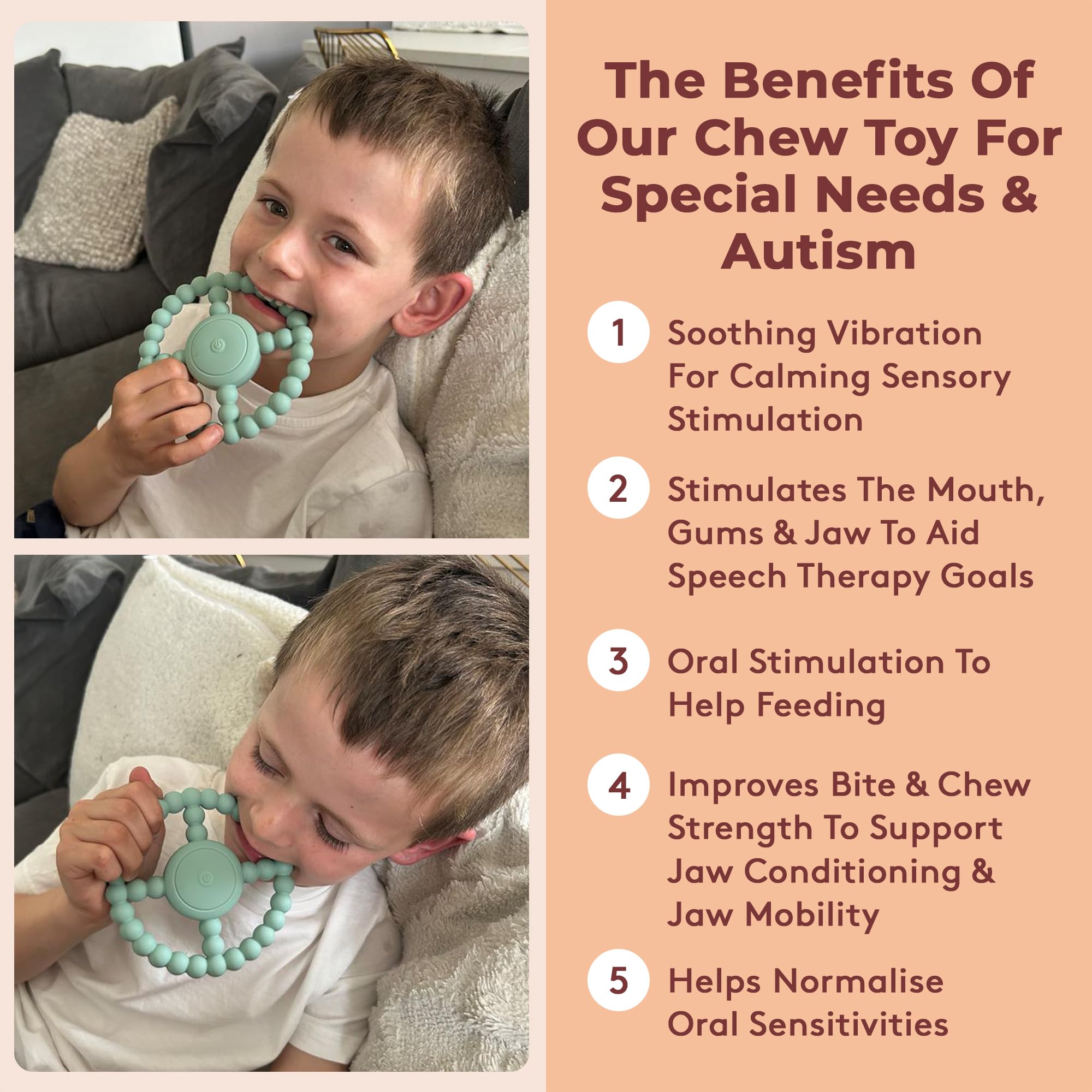 LoveHugs vibrating sensory chew toy teething use, soothing gums.