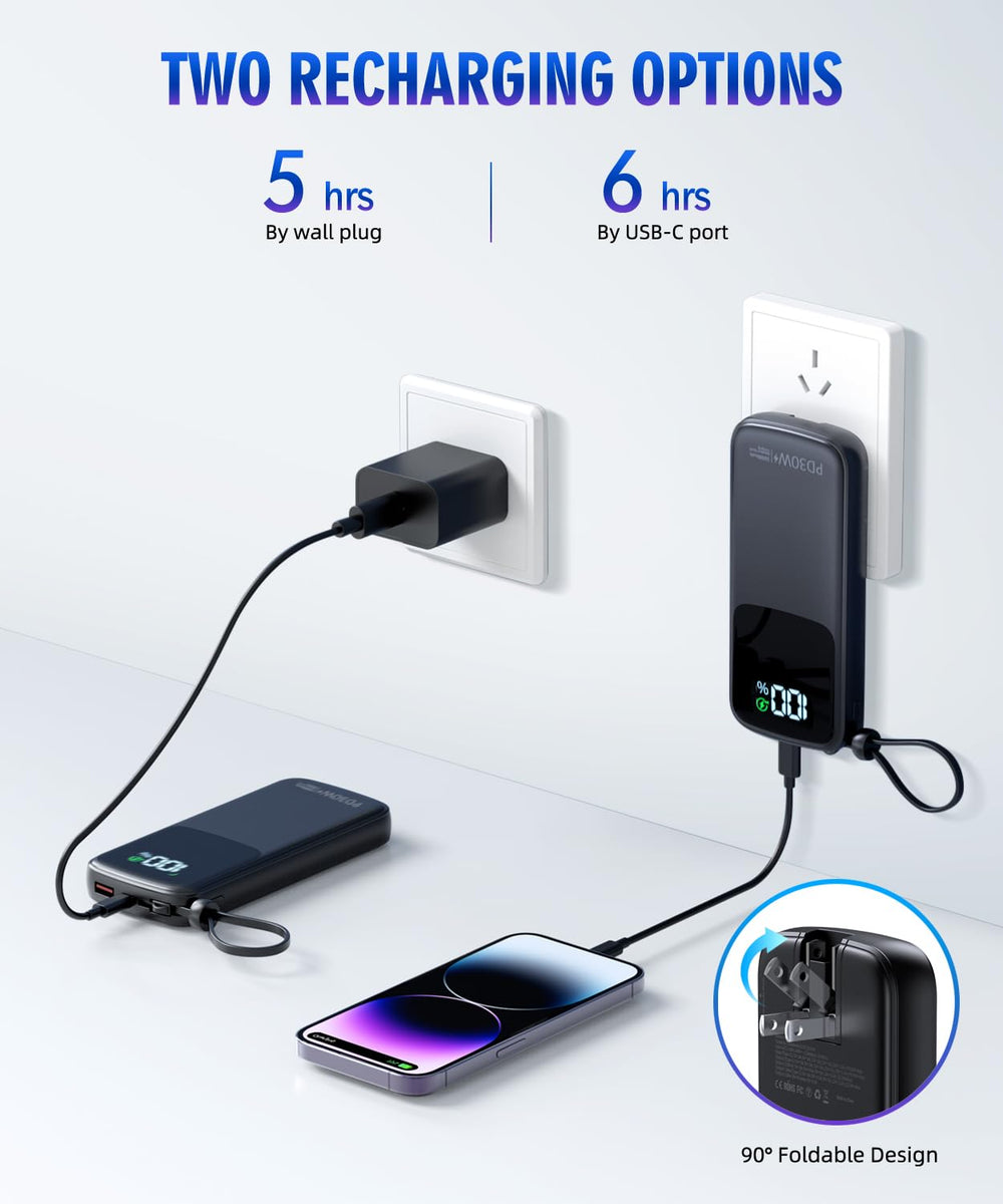 LOVELEDI portable charger built-in-wall-plug enables wall outlet recharges without extra cables.