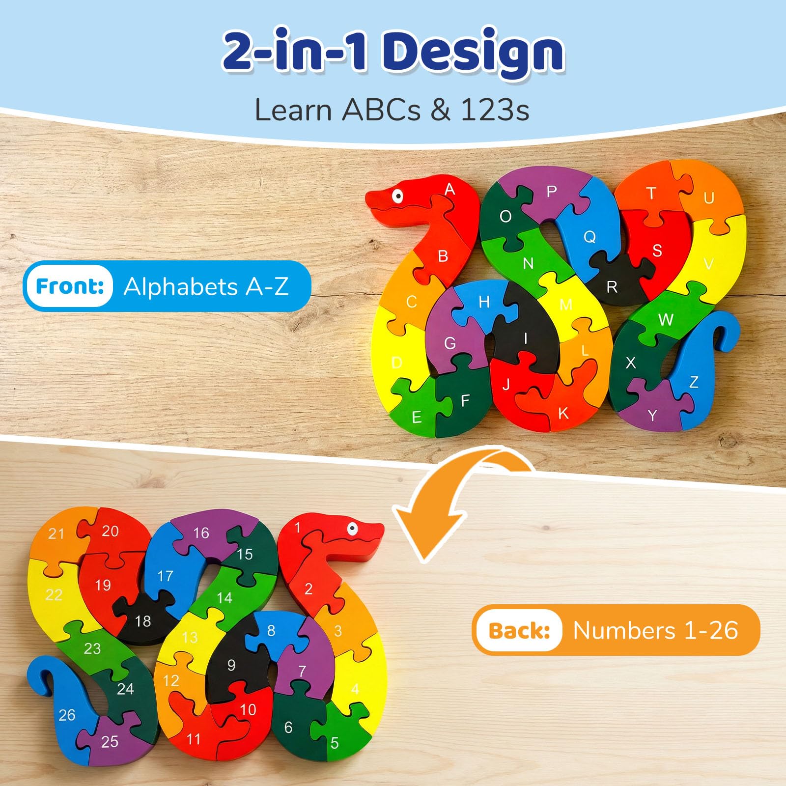 LovesTown snake puzzle back view showing 1-26 numbers for counting practice