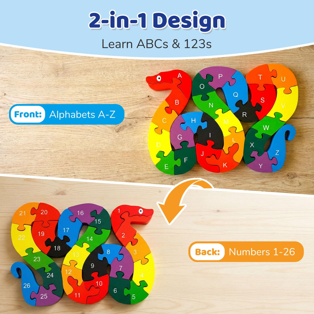 LovesTown snake puzzle back view showing 1-26 numbers for counting practice