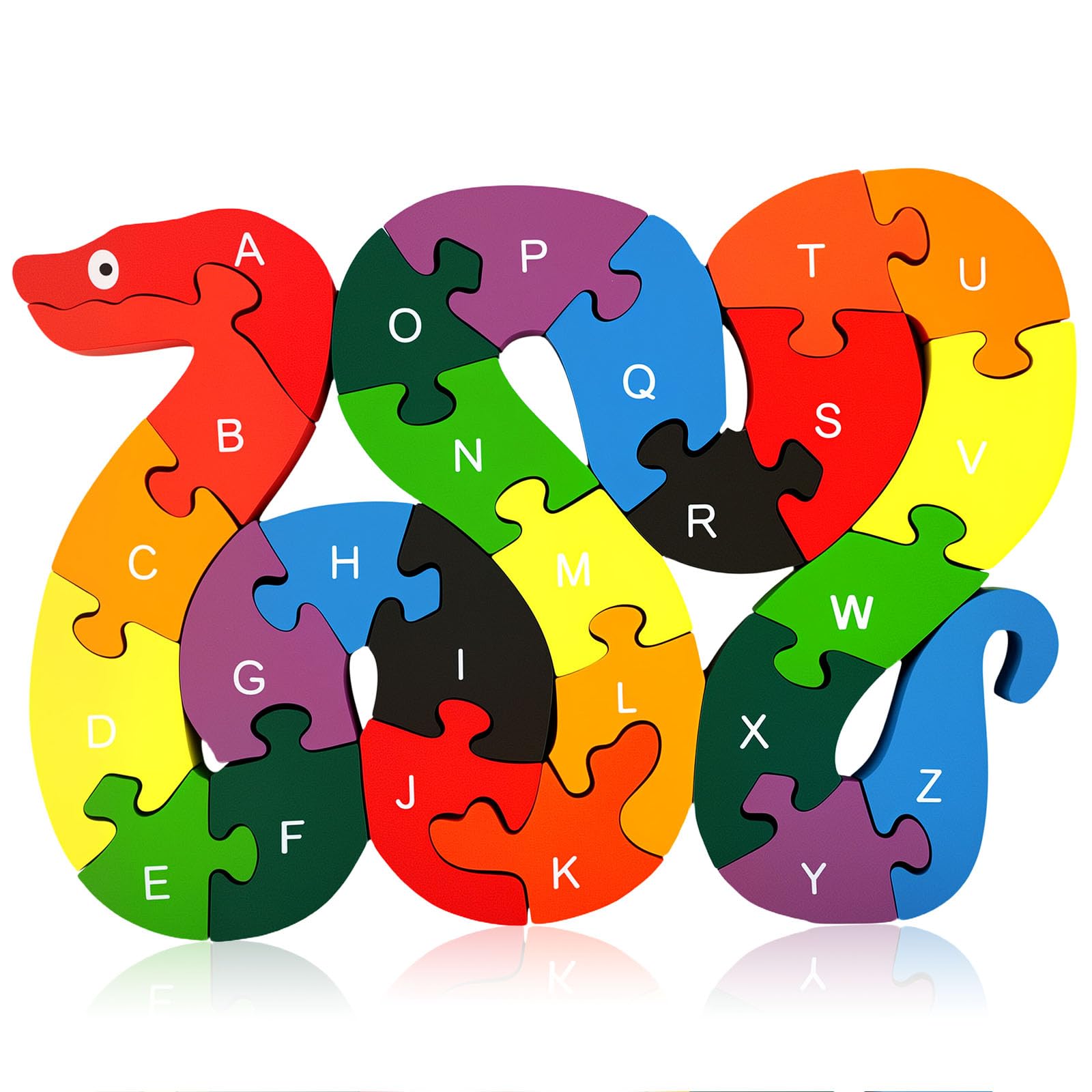 LovesTown snake puzzle front view with A-Z letters for early literacy