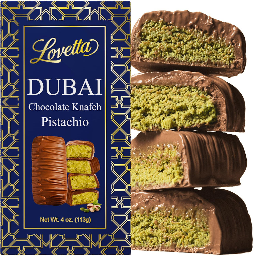 Lovetta Dubai Pistachio Knafeh chocolate bar package highlights premium indulgence and freshness