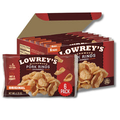 Lowrey's Bacon Curls original microwave pork rinds in a bag, hot and crispy.