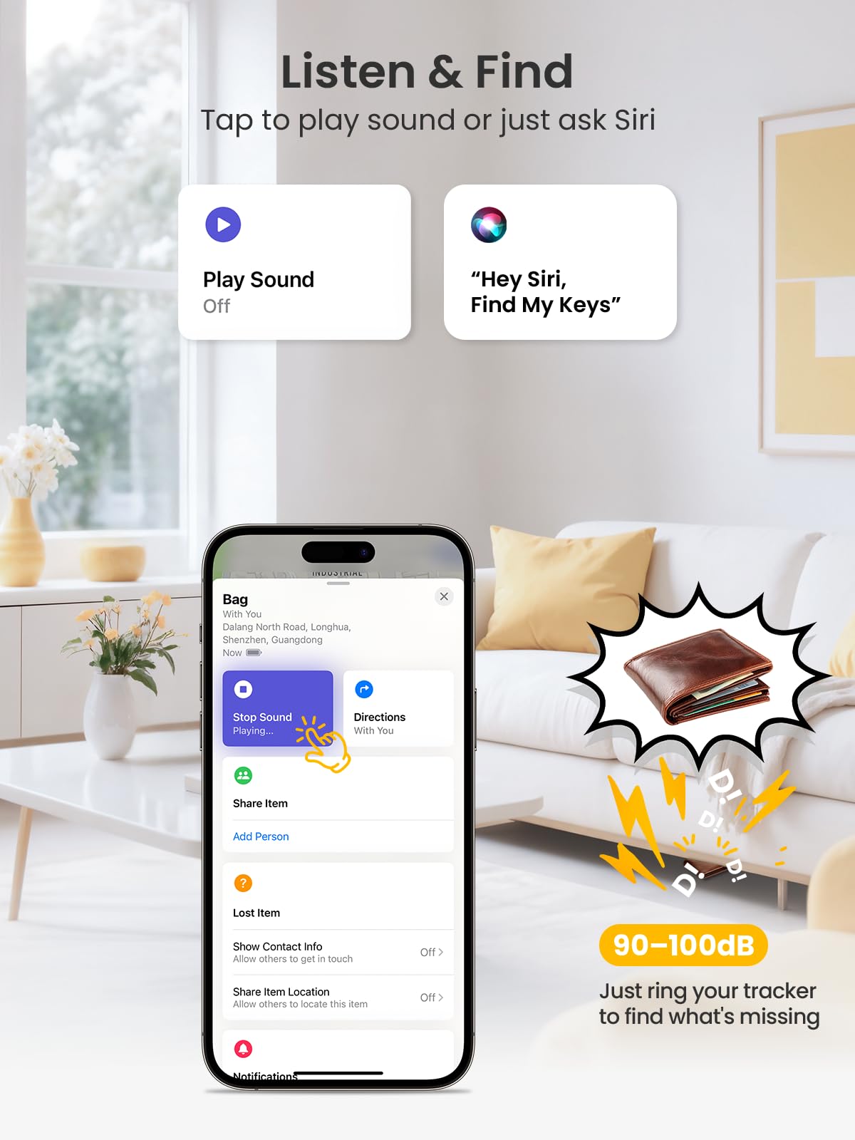 LOXP two-mode tracking shows nearby alert and worldwide Find My network