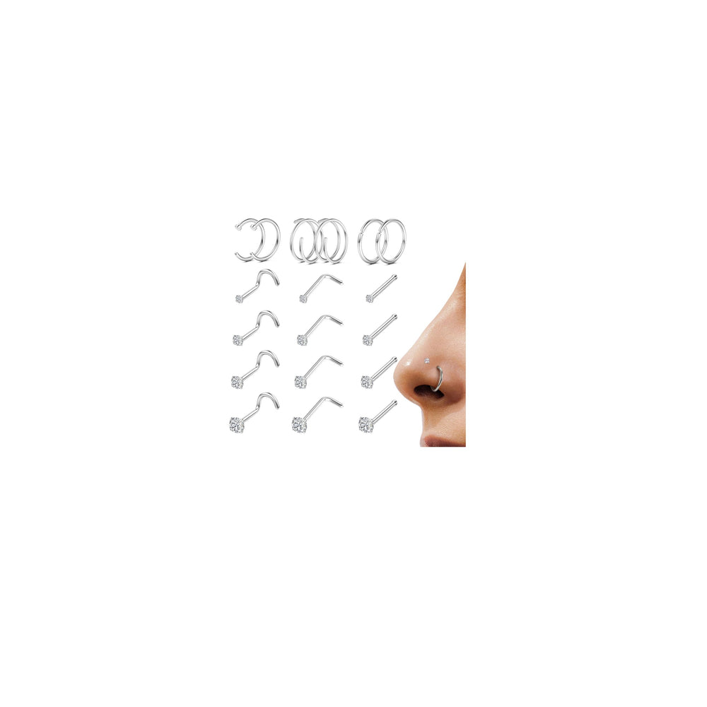 LOYALLOOK 18-piece nose ring set displayed in velvet bag for versatile daily wear.