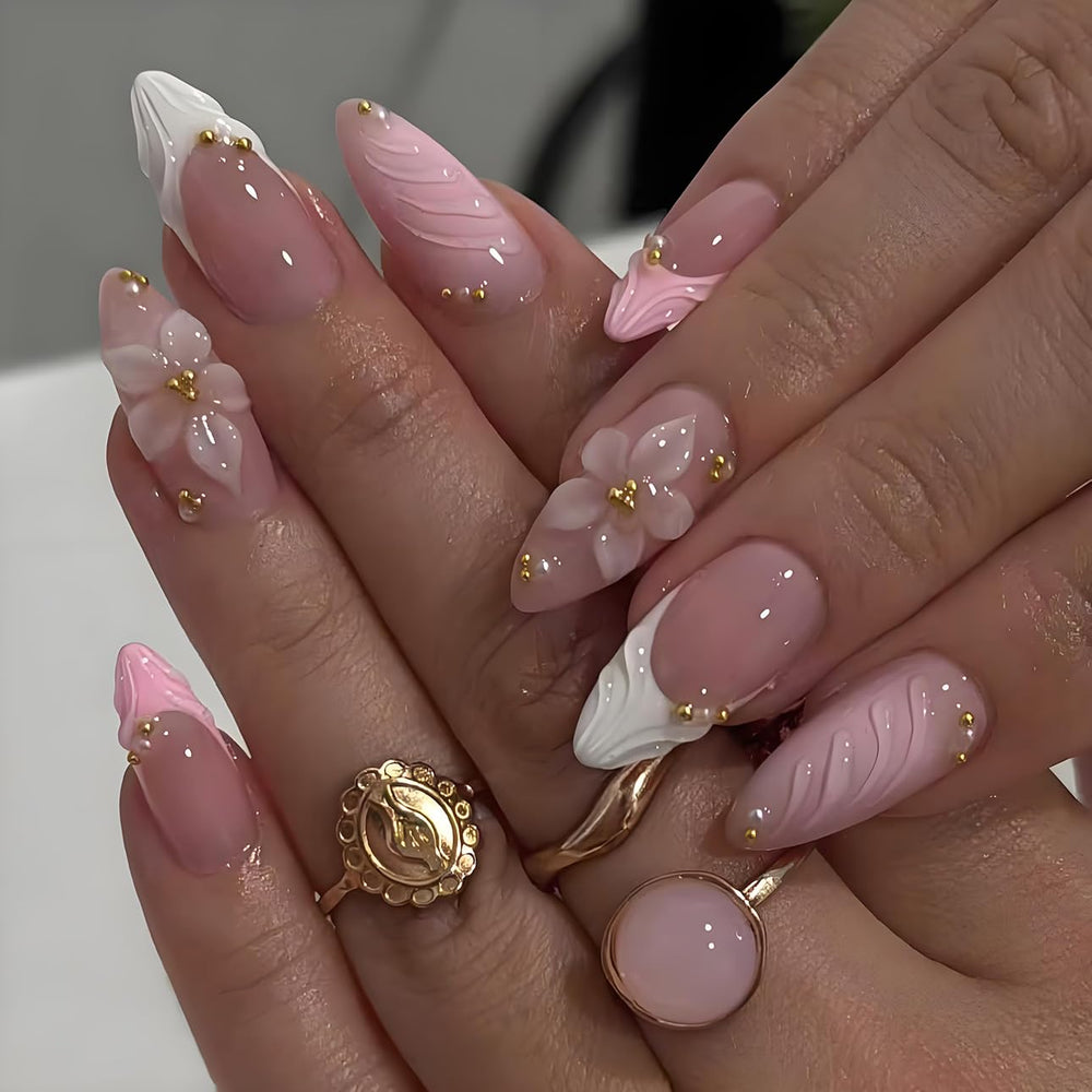 LPOODDNU 3D pink almond press-on nails with embossed flower for elegant at-home manicures.