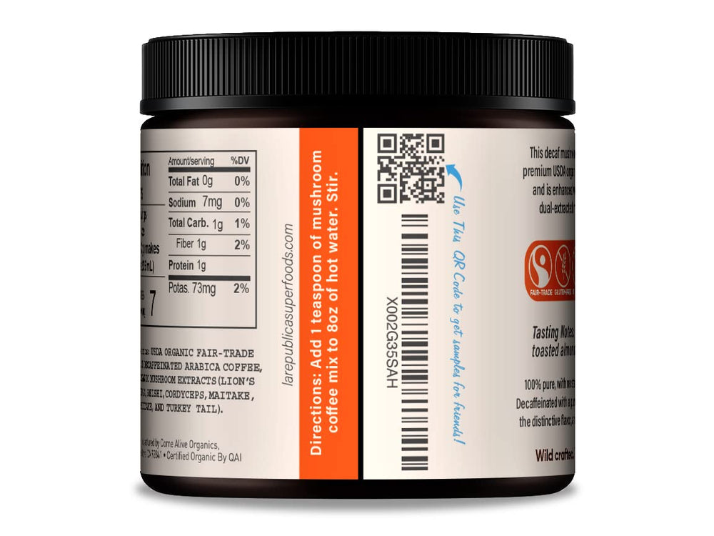 LRLA SUPERFOODS La Republica DECAF BPA-free packaging supports reuse.