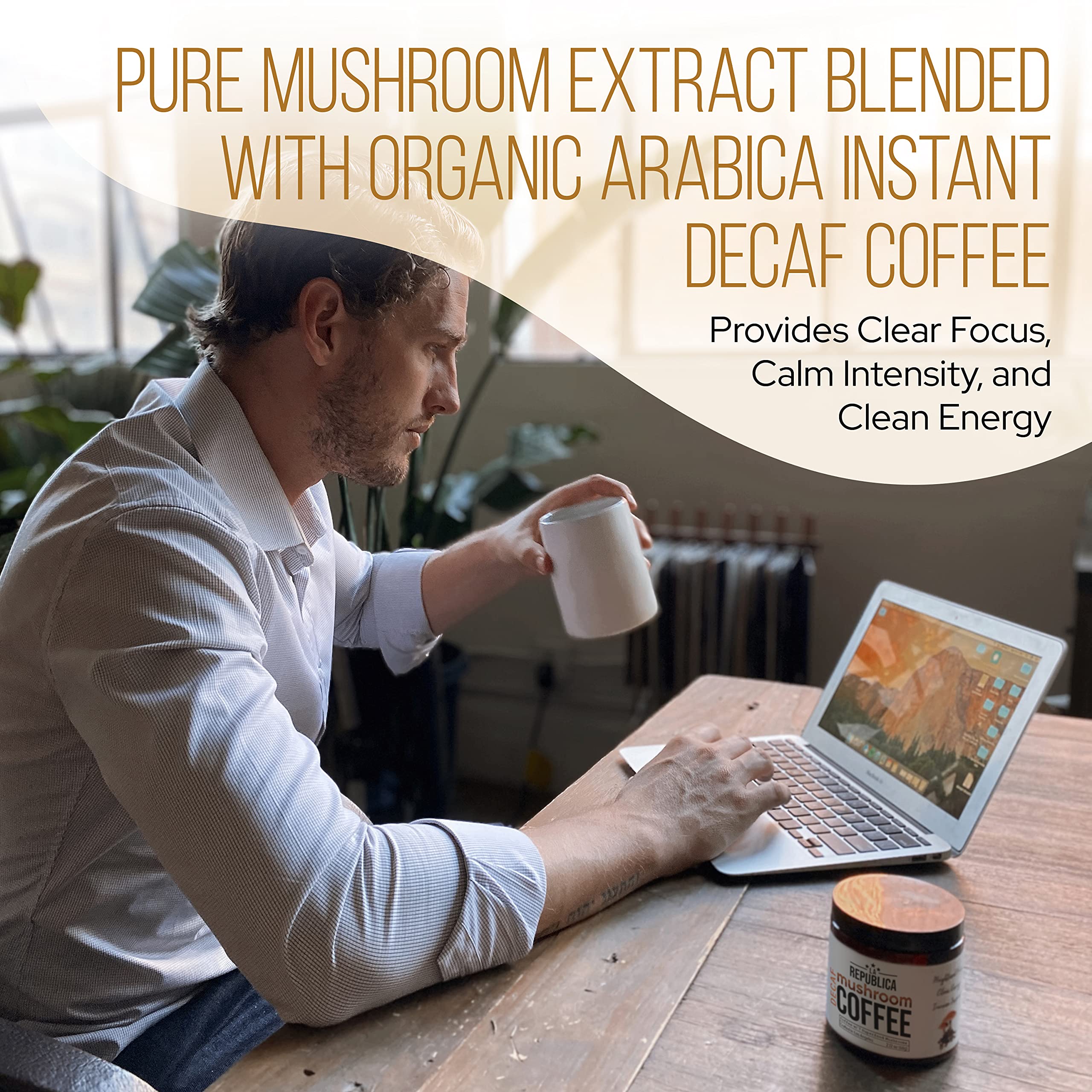 LRLA SUPERFOODS La Republica DECAF powder closeup reveals pure mushroom extract blend.