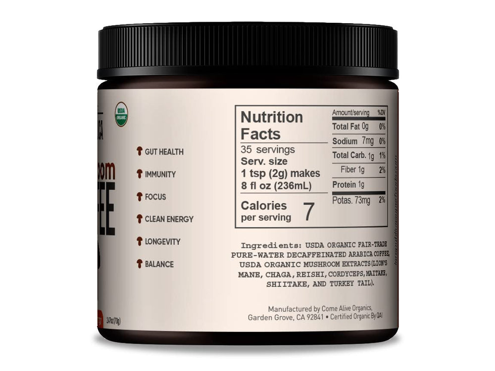 LRLA SUPERFOODS La Republica DECAF forest-sourced mushrooms illustration emphasizes natural ingredients.