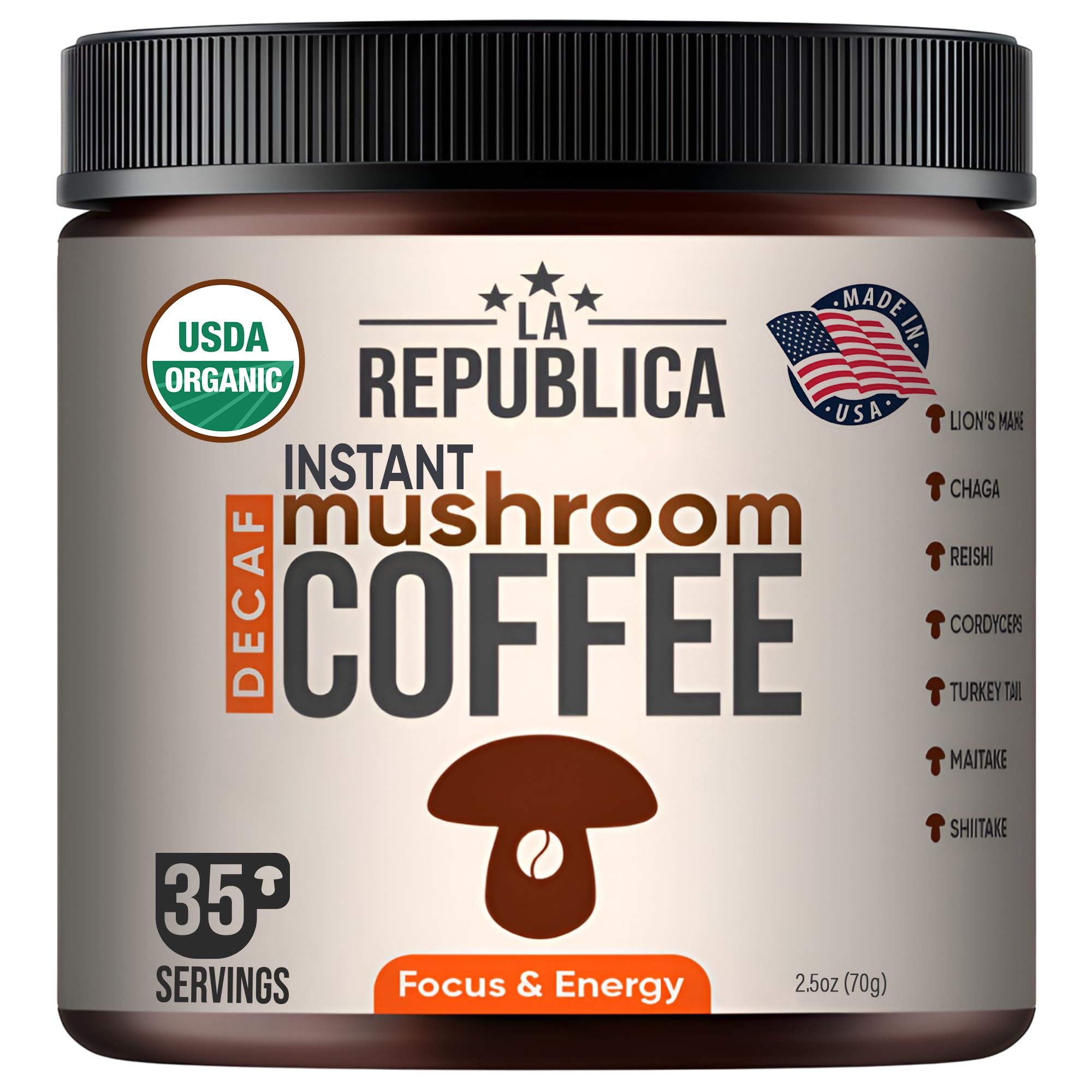 LRLA SUPERFOODS La Republica DECAF packaging shows the organic mushroom coffee blend for easy energy.