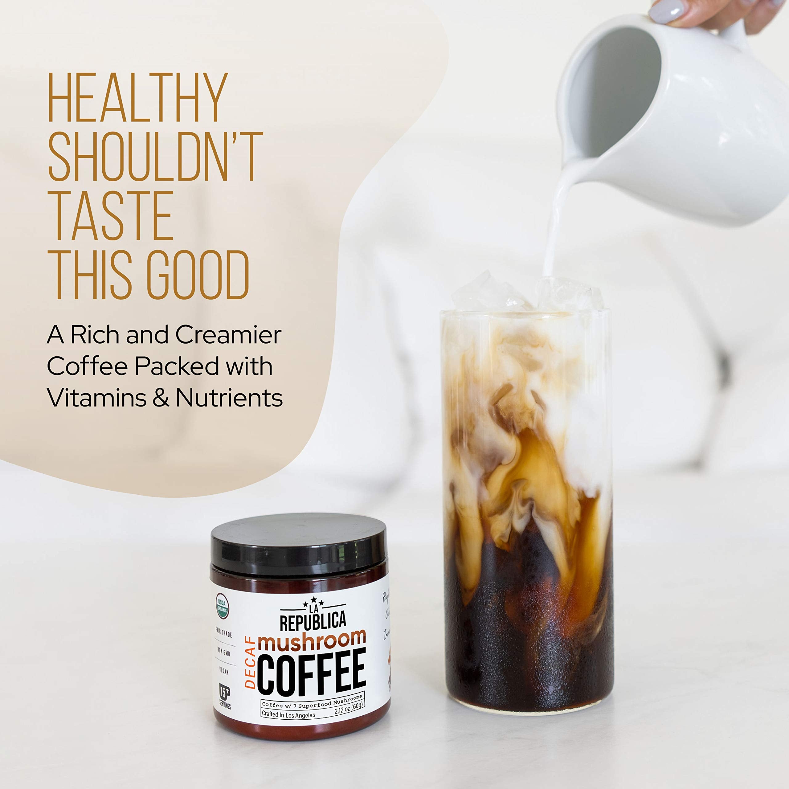 LRLA SUPERFOODS La Republica DECAF mushroom scoop highlights convenient serving size.