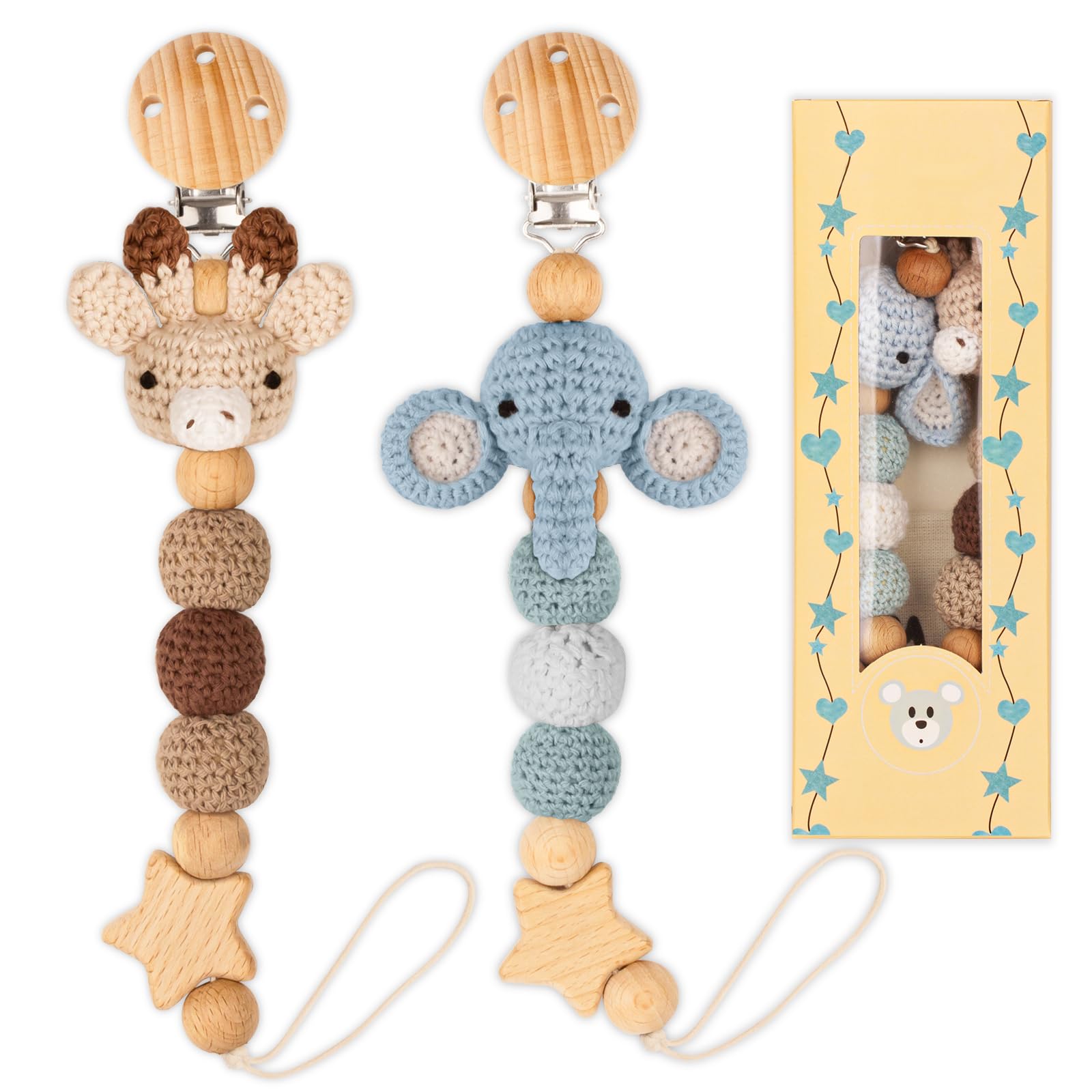 LSTRAGY pacifier clip elephant and deer knit set keeps pacifier within baby reach