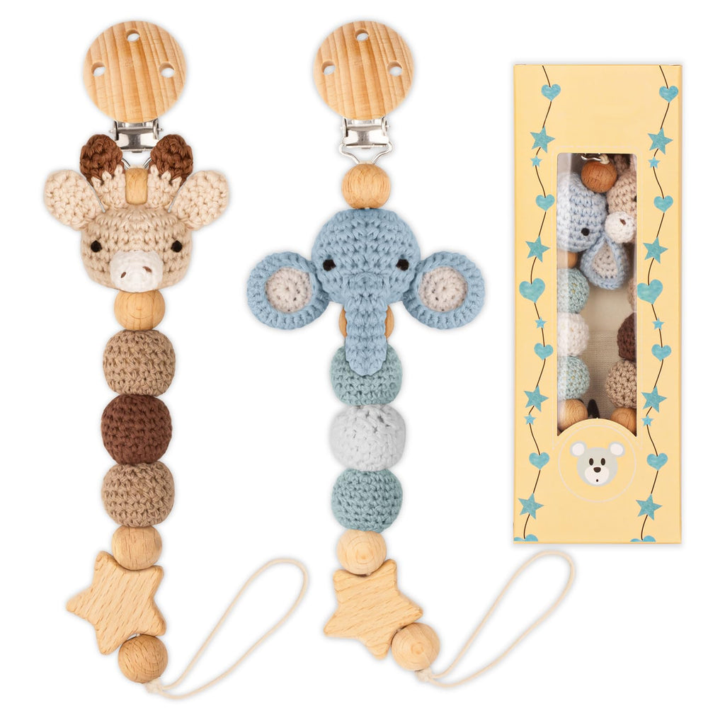 LSTRAGY pacifier clip elephant and deer knit set keeps pacifier within baby reach