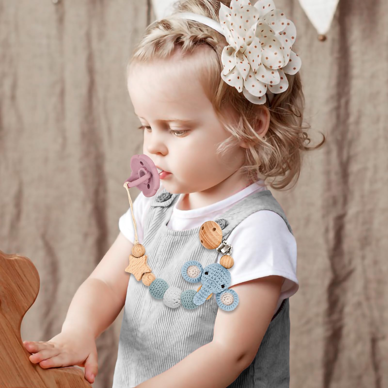 Durable wooden clip on LSTRAGY pacifier clip protects clothes and skin